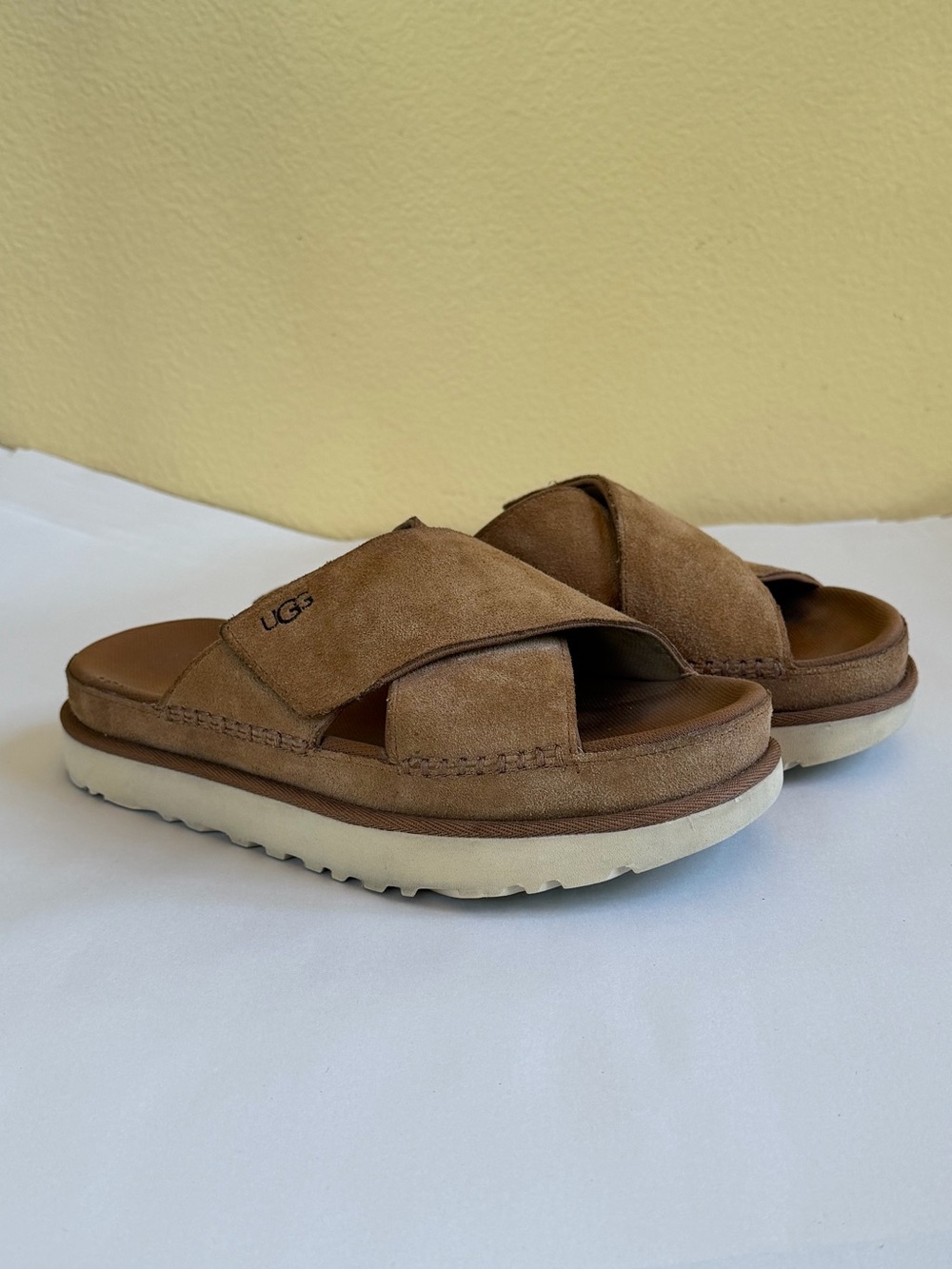 UGG Goldenstar Cross Slide Sandals Chestnut Suede Platform Women’s 9 - Picture 8 of 13
